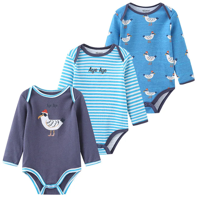 3 Unds. Body Bebé Niño Niña con Diseños o Colores Manga Larga 100% Algodón