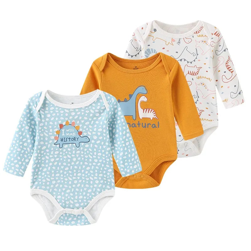 3 Unds. Body Bebé Niño Niña con Diseños o Colores Manga Larga 100% Algodón