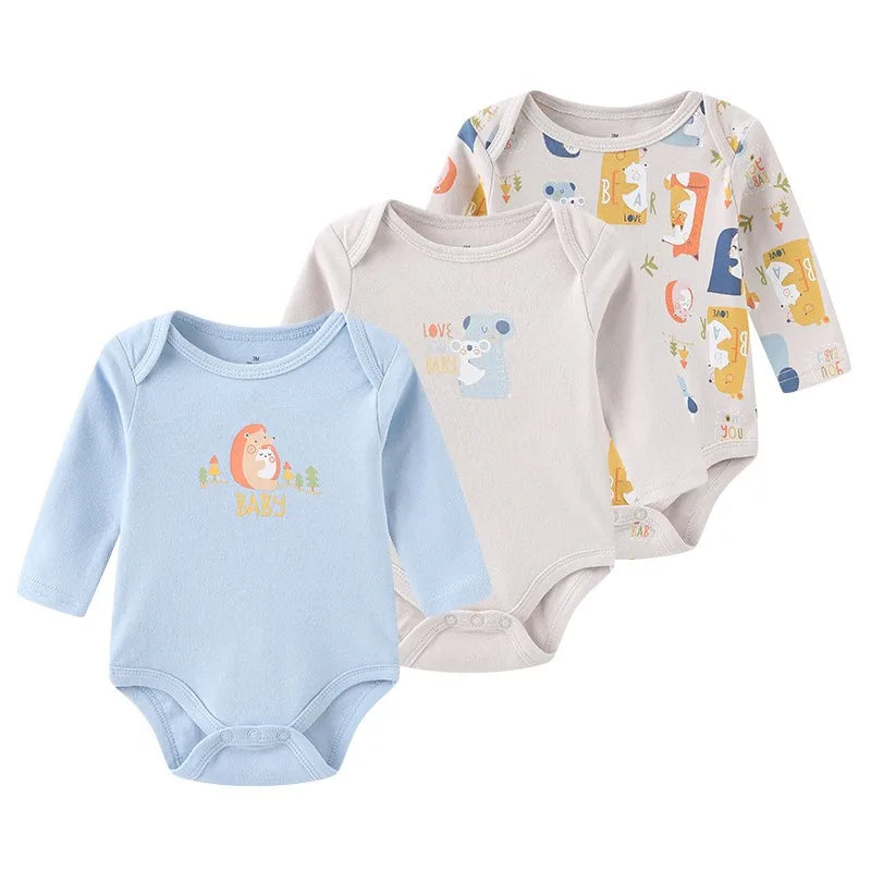 3 Unds. Body Bebé Niño Niña con Diseños o Colores Manga Larga 100% Algodón