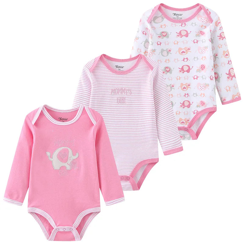 3 Unds. Body Bebé Niño Niña con Diseños o Colores Manga Larga 100% Algodón