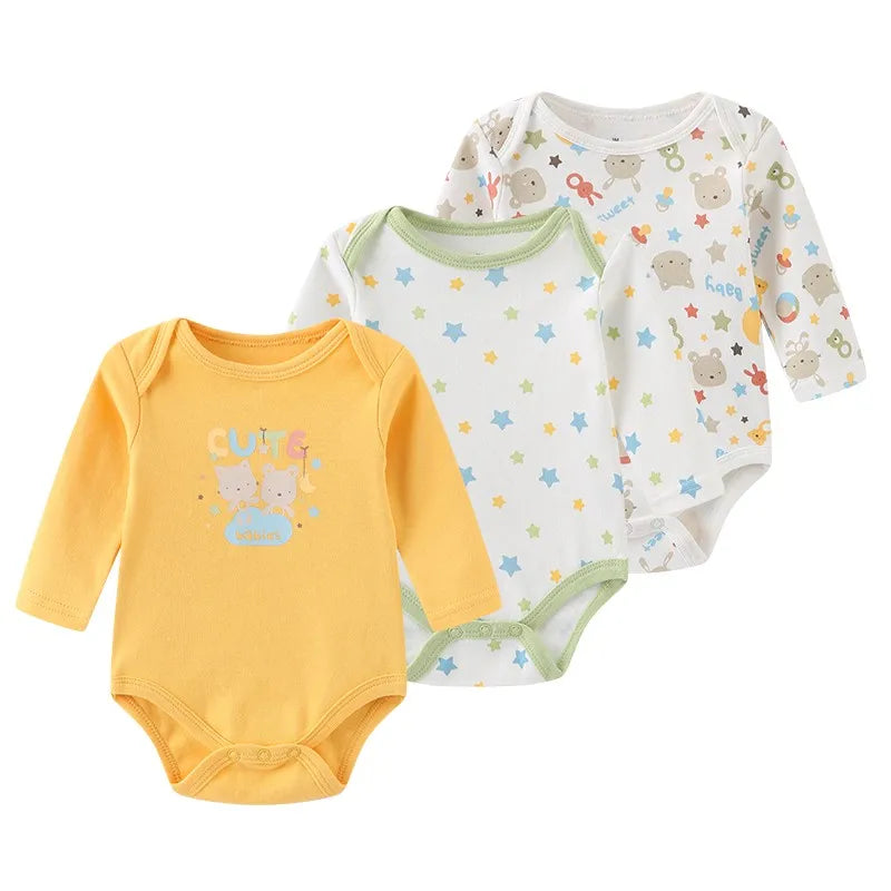 3 Unds. Body Bebé Niño Niña con Diseños o Colores Manga Larga 100% Algodón