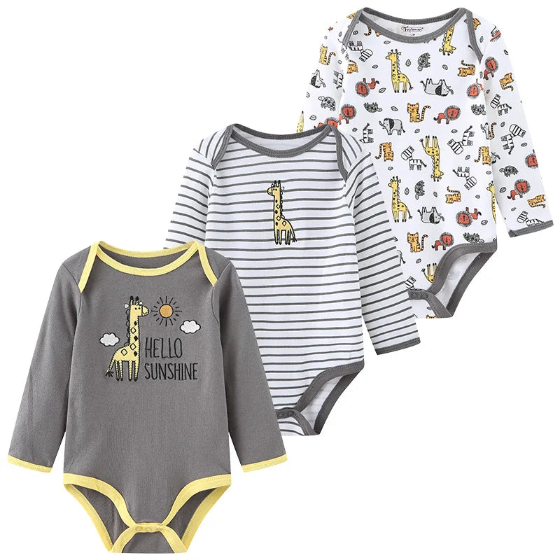 3 Unds. Body Bebé Niño Niña con Diseños o Colores Manga Larga 100% Algodón
