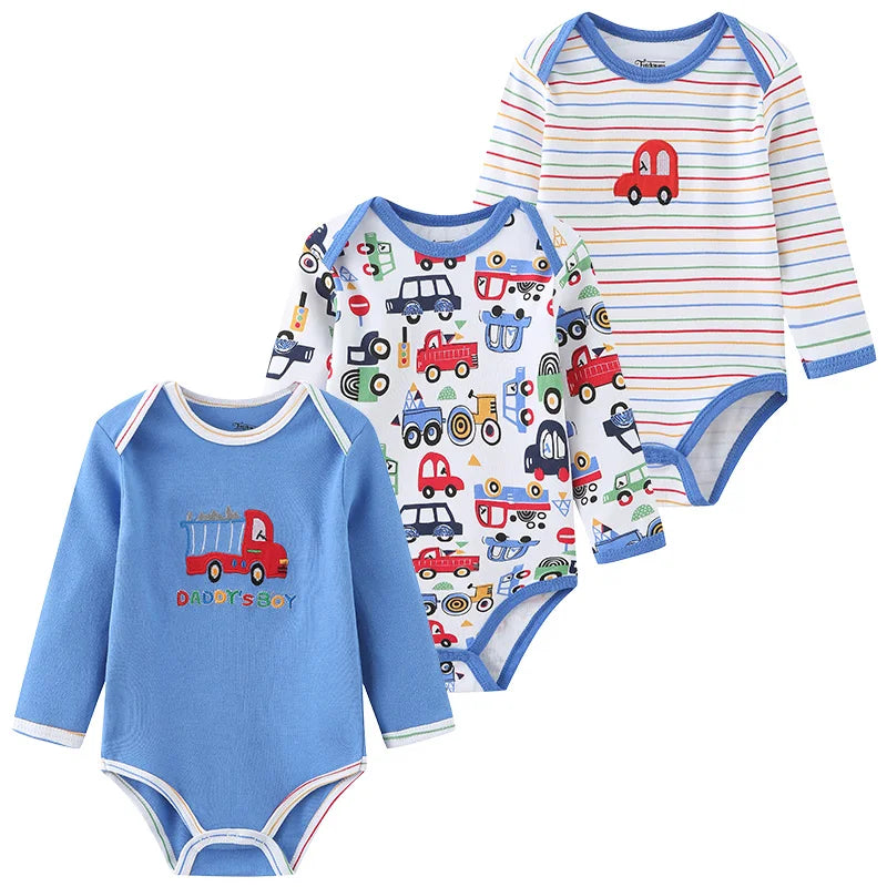 3 Unds. Body Bebé Niño Niña con Diseños o Colores Manga Larga 100% Algodón
