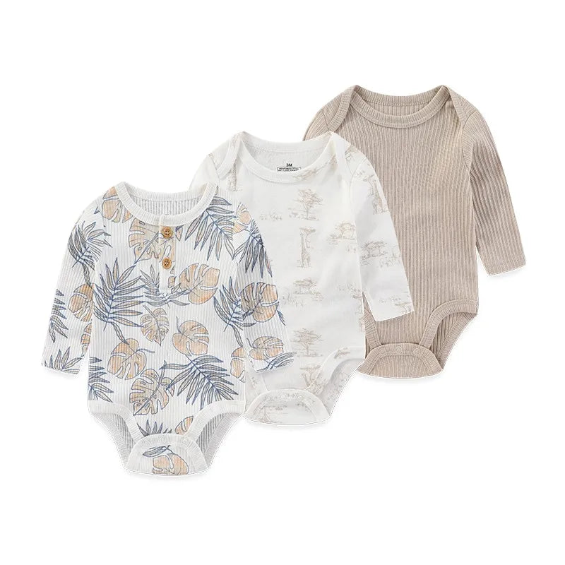 3 Unds. Body Bebé Niño Niña con Diseños o Colores Manga Larga 100% Algodón