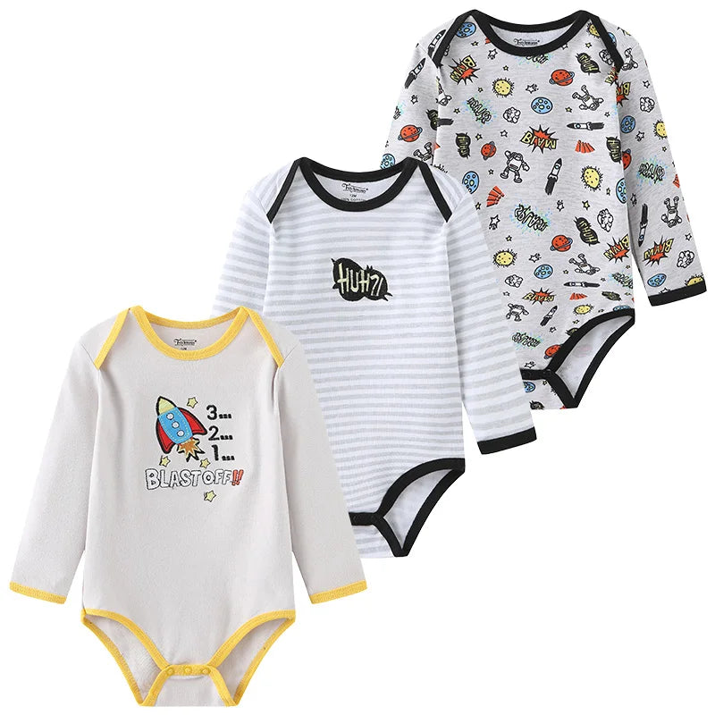 3 Unds. Body Bebé Niño Niña con Diseños o Colores Manga Larga 100% Algodón