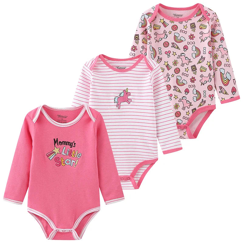 3 Unds. Body Bebé Niño Niña con Diseños o Colores Manga Larga 100% Algodón